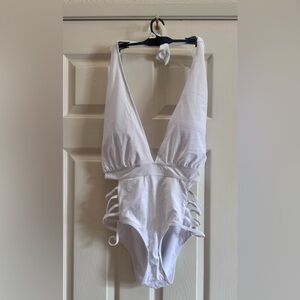 Women's White Plunge One-Piece Swimsuit with Side Strap Details
